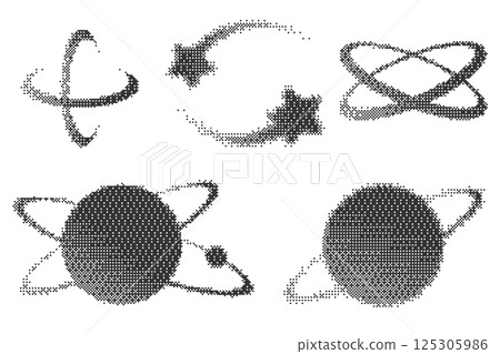 Bitmap pattern abstract cosmic shapes. Vector planets with orbits and stars. Halftone gradient elements on white background. Y2k graphic abstract icons. Dither noisy grunge texture. 125305986