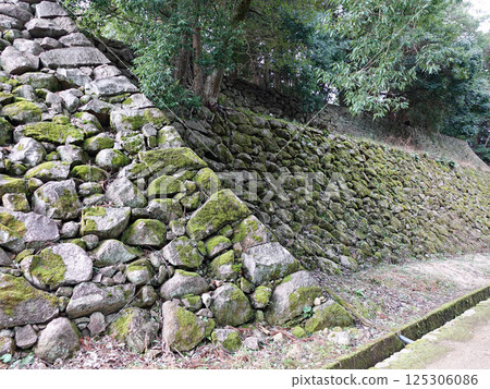Moss-covered stone walls built along a path that crosses the grounds of Matsue Castle, a national treasure Moss-covered stone walls built along a path that crosses the grounds of Matsue Castle, a national treasure 125306086