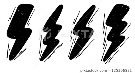 Hand-drawn lightning bolt icon set in doodle style. perfect for use in graphic design, stickers, web elements, and illustrations. Sketch-style electric symbols with a fun and creative look. 125306551