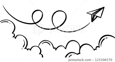 .Hand drawn doodle of a flying paper plane icon. This black and white sketch style illustration is perfect for creative concepts such as freedom, travel, imagination, or communication. .Hand drawn doodle of a flying paper plane icon. This black and white sketch style illustration is perfect for creative concepts such as freedom, travel, imagination, or communication. 125306570