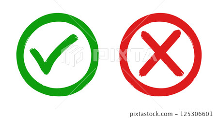 Set of flat design icons showing a green check mark and a red cross. These symbols are commonly used to represent correct vs. incorrect, approval vs. rejection, and right vs. wrong concepts. 125306601