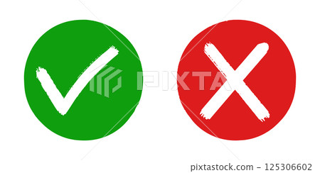 Set of flat design icons showing a green check mark and a red cross. These symbols are commonly used to represent correct vs. incorrect, approval vs. rejection, and right vs. wrong concepts. 125306602