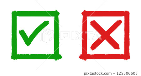 Set of flat design icons showing a green check mark and a red cross. These symbols are commonly used to represent correct vs. incorrect, approval vs. rejection, and right vs. wrong concepts. 125306603