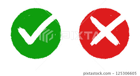 Set of flat design icons showing a green check mark and a red cross. These symbols are commonly used to represent correct vs. incorrect, approval vs. rejection, and right vs. wrong concepts. 125306605