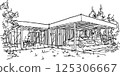 hand drawn architectural sketch of modern one story detached house with flat roof over parking 125306667