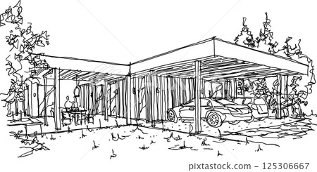 hand drawn architectural sketch of modern one story detached house with flat roof over parking 125306667