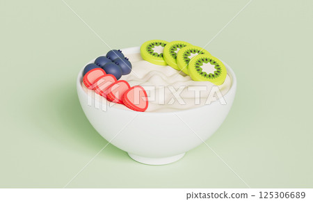 Fresh Yogurt Bowl with Strawberry Blueberry Kiwi. 3D Rendering. Fresh Yogurt Bowl with Strawberry Blueberry Kiwi. 3D Rendering. 125306689