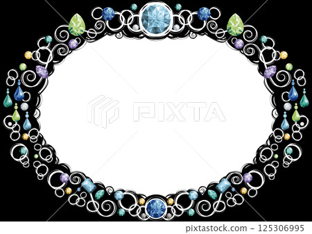 橫向橢圓形框架，飾有珠寶（冷色調，白色線條） 125306995