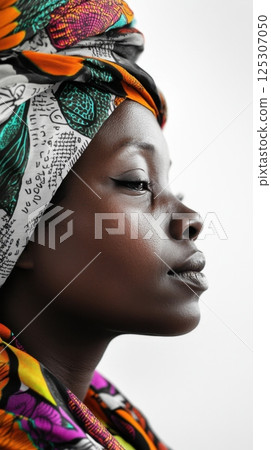 Profile of african female in colorful headwrap with serene expression Mozambican National Women's Day 125307050