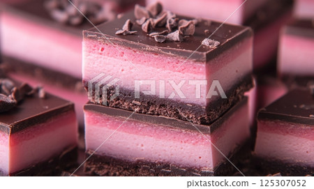 Decadent layered chocolate raspberry pastry with cocoa nibs for dessert inspiration 125307052