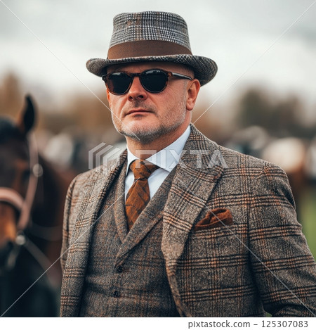 Sophisticated gentleman at equestrian event in classic tweed attire 125307083