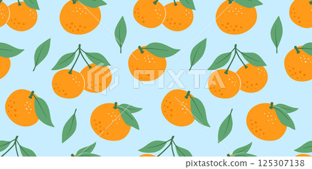 Seamless pattern with hand drawn mandarin with leaves, tangerine fruits on blue background. Vector isolated illustrations of flat citrus. 125307138