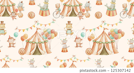 Seamless watercolor pattern with cute circus. Childish hand drawn background with funny animals and tent on beige. 125307142