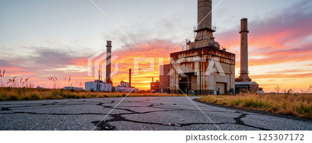 Abandoned power plant with tall chimneys stands against vibrant sunset sky. Cracked pavement leads to the rusty industrial building, surrounded by dry grass in the foreground Abandoned power plant with tall chimneys stands against vibrant sunset sky. Cracked pavement leads to the rusty industrial building, surrounded by dry grass in the foreground 125307172