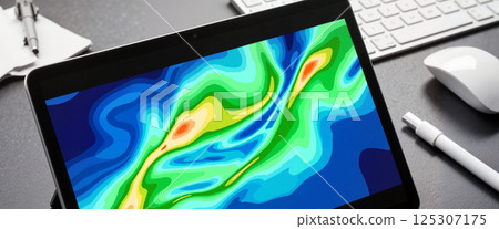 Tablet displaying colorful contour map with blue, green, yellow, and red gradients on a desk near a keyboard, mouse, pen, and notepad in an office setting 125307175