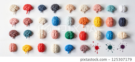 Colorful brain models arranged in neat rows, each with unique hues, ranging from red, blue, yellow to pastel shades. Ink splatters below in red, navy, and purple 125307179