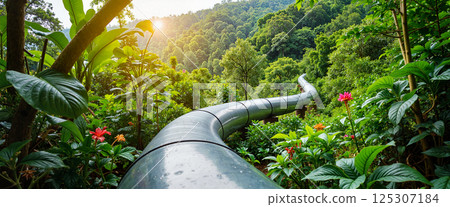 Curving metal pipeline weaving through lush green forest with colorful flowers, leading toward sunlight. Dense foliage and trees surround the scene, creating a vibrant atmosphere 125307184