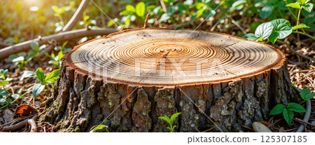 Tree stump in forest with distinct growth rings, surrounded by green plants and sunlight filtering through, creating a natural and serene atmosphere on the forest floor 125307185