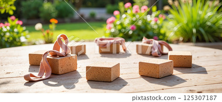 Yoga bricks and pink straps sit on a wooden table bathed in warm sunlight, surrounded by a colorful garden with blooming flowers and lush green plants, creating a serene atmosphere 125307187