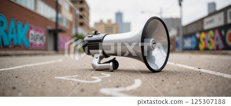 Megaphone lies on urban street, surrounded by blurred graffiti-covered walls with tags including "RAK". Background features indistinct buildings and distant cityscape 125307188