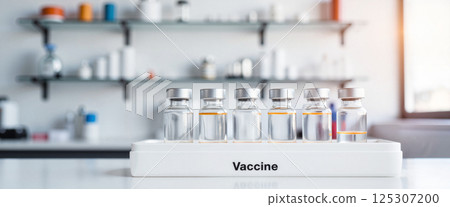 Vaccine vials with clear liquid and silver caps align on a white tray labeled "Vaccine", set against a blurred background with shelves holding various containers Vaccine vials with clear liquid and silver caps align on a white tray labeled "Vaccine", set against a blurred background with shelves holding various containers 125307200