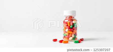 Clear pill bottle filled with colorful capsules, white lid, a few scattered around. The bright colors include red, orange, green, and more, creating a vibrant and playful look 125307207