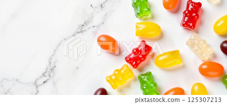 Colorful gummy bears and jelly beans scattered on a white marble surface, featuring various shades of red, yellow, orange, and green, creating a playful and vibrant arrangement 125307213