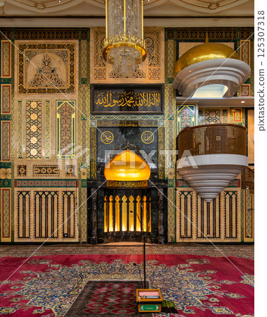 Majestic interior of Jame Asr Hassanil Bolkiah Mosque showcasing exquisite Islamic architecture in Brunei 125307318
