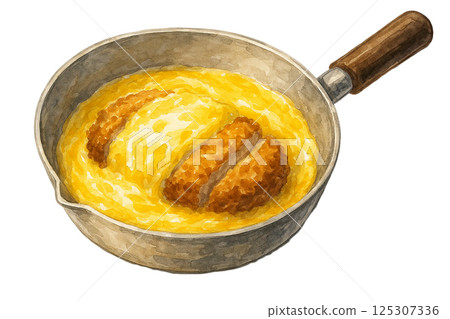 正在烹調（烹調）的帶雞蛋的豬排飯的水彩插圖 125307336