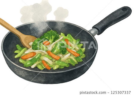正在烹飪的炒菜的水彩插圖（烹飪） 125307337