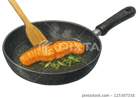 Watercolor illustration of salmon meuniere being cooked (cooking) 125307338