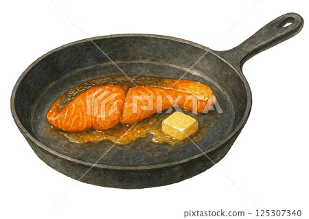 A watercolor illustration of cooking butter-fried salmon in an iron frying pan (cooking) 125307340