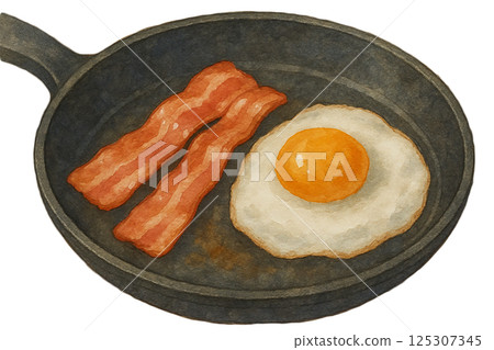 Illustration of bacon and fried eggs cooked in a frying pan painted with watercolors (cooking) 125307345