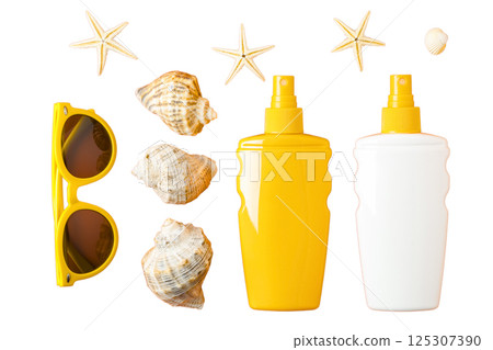 Sunglasses and sunscreen ready for a sunny beach day, isolated on white 125307390