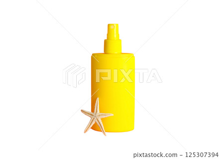 Bright yellow sunscreen and starfish, essential for summer vacations, isolated on white 125307394