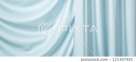Glossy pale blue silky fabric curtain background with folds for modern clean product advertising and text placement 125307485