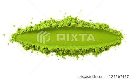 Green matcha tea powder isolated on white background with organic texture vibrant color perfect for web banner healthy food supplement concept 125307487