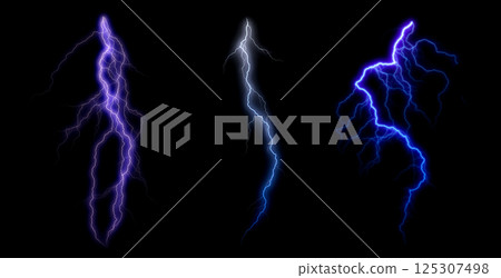 Set of three electric lightning effects with glowing highlights and purple blue white colors for storm weather design or fantasy energy visuals Set of three electric lightning effects with glowing highlights and purple blue white colors for storm weather design or fantasy energy visuals 125307498