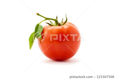 Ripe red tomato with green stem and fresh leaves on white background perfect for cooking salads sandwiches healthy meals organic food ingredient Ripe red tomato with green stem and fresh leaves on white background perfect for cooking salads sandwiches healthy meals organic food ingredient 125307506