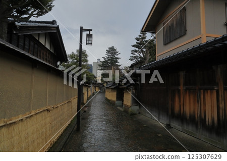 A view of the quaint alleyway at the site of the Nagamachi samurai residence in Kanazawa, with its stone pavement wet from the rain A view of the quaint alleyway at the site of the Nagamachi samurai residence in Kanazawa, with its stone pavement wet from the rain 125307629