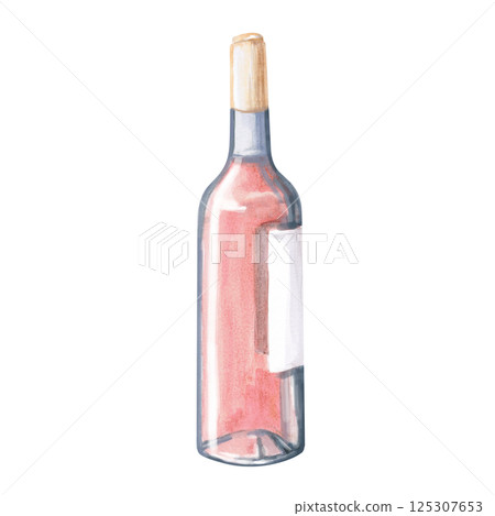 Sealed bottle of rose wine. Isolated watercolor illustration for restaurant design, menu, poster and fabric printing. Sealed bottle of rose wine. Isolated watercolor illustration for restaurant design, menu, poster and fabric printing. 125307653
