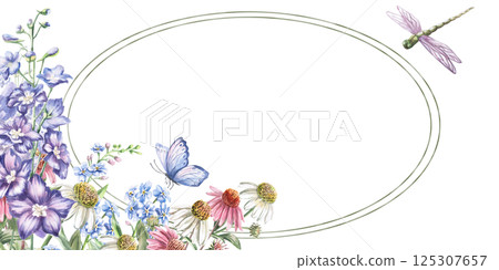 Rectangular frame with oval contours inside, with bouquets of flowers. Isolated watercolor illustration for postcards, printed products, calendars, cosmetics packaging. 125307657