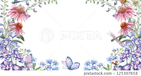 Rectangular frame with flowers of echinacea, delphinium, forget-me-not with dragonflies. Isolated watercolor illustration for design of postcards, printed products, calendars, cosmetics packaging. 125307658