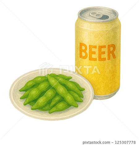 Watercolor illustration of canned beer and edamame (food) 125307778