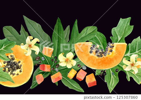 Papaya fruit slice, cubes, leaf and flowers watercolor seamless border isolated on black. Hand drawn illustration perfect for cards, banners, tape, textile, stationary design. Exotic plant clipart Papaya fruit slice, cubes, leaf and flowers watercolor seamless border isolated on black. Hand drawn illustration perfect for cards, banners, tape, textile, stationary design. Exotic plant clipart 125307860
