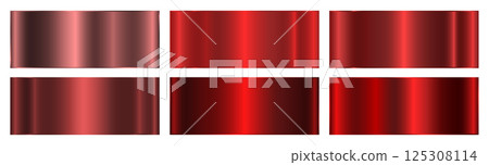 A set of six red metallic gradients on a black background. A collection of shiny metallic gradients. 125308114