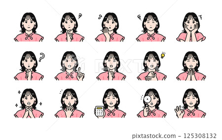 A set of various facial expressions of a stylish young woman 125308132