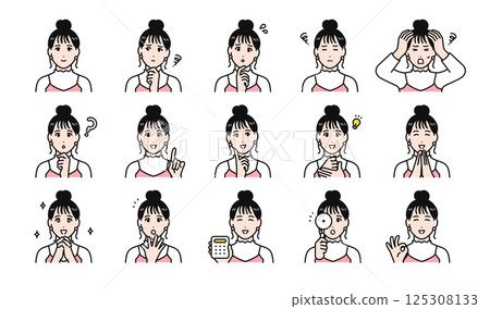 Various facial expression variation set of a young woman with her hair tied up 125308133