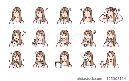 Various facial expression variation set of a young woman with long hair 125308134