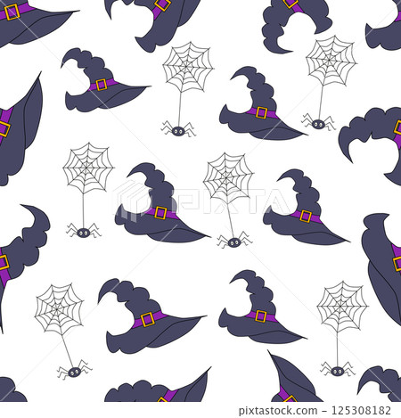 Colorful autumn pattern on Halloween theme, witch hat with web and spider Colorful autumn pattern on Halloween theme, witch hat with web and spider 125308182